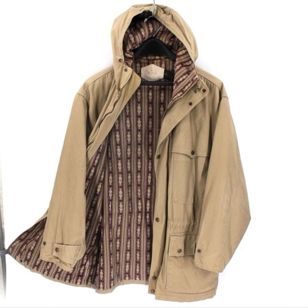 Vintage Woolrich Tan Hooded Southwestern Aztec Lined Chore Utility Coat Jacket